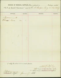 Listet die an H.A. Cooper, Chirurg des 23. Missouri Volunteer Infantry, ausgegebenen Vorräte auf